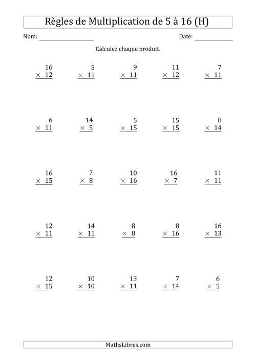 Règles de Multiplication de 5 à 16 (25 Questions) (H)