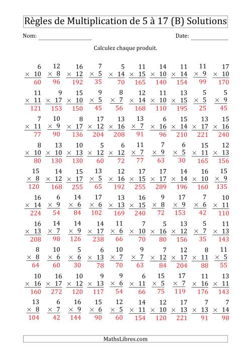 Règles de Multiplication de 5 à 17 (100 Questions) (B) page 2