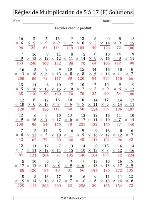 Règles de Multiplication de 5 à 17 (100 Questions) (F) page 2