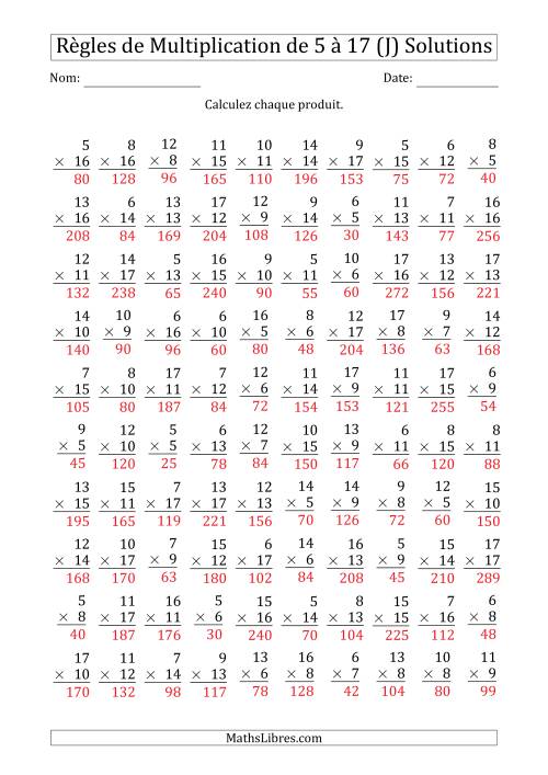 Règles de Multiplication de 5 à 17 (100 Questions) (J) page 2