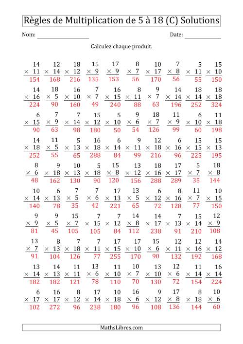 Règles de Multiplication de 5 à 18 (100 Questions) (C) page 2