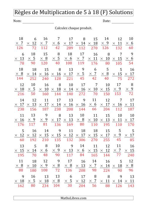 Règles de Multiplication de 5 à 18 (100 Questions) (F) page 2