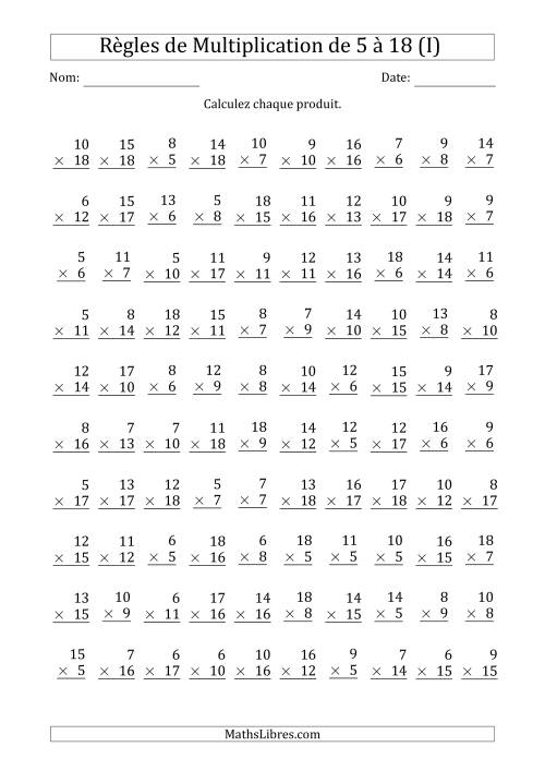 Règles de Multiplication de 5 à 18 (100 Questions) (I)