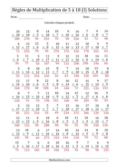 Règles de Multiplication de 5 à 18 (100 Questions) (I) page 2