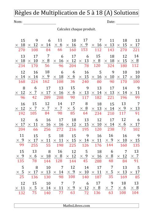 Règles de Multiplication de 5 à 18 (100 Questions) (Tout) page 2