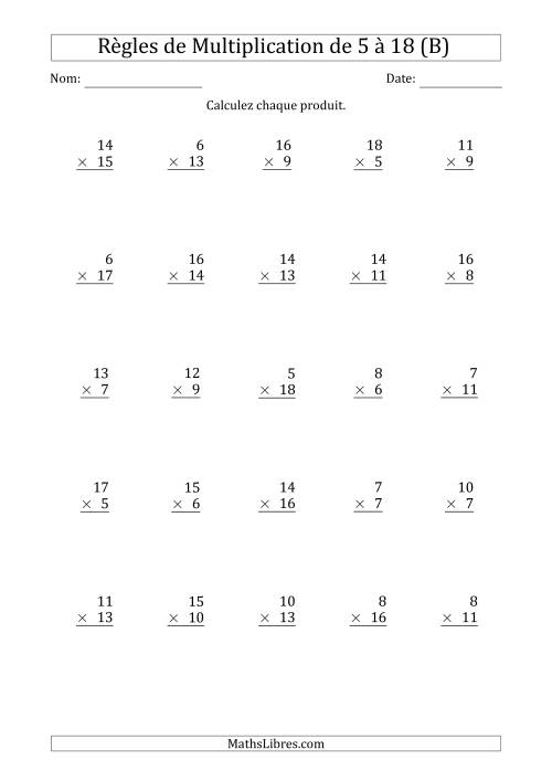 Règles de Multiplication de 5 à 18 (25 Questions) (B)
