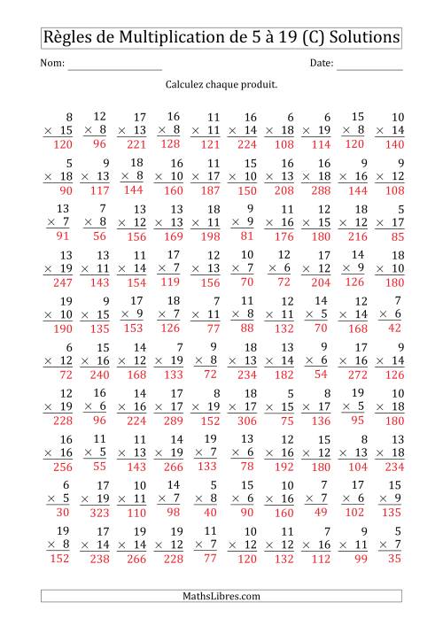 Règles de Multiplication de 5 à 19 (100 Questions) (C) page 2