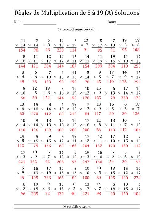 Règles de Multiplication de 5 à 19 (100 Questions) (Tout) page 2