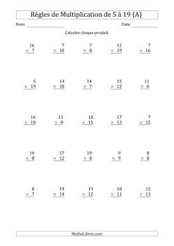 Règles de Multiplication de 5 à 19 (25 Questions)