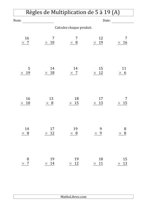 Règles de Multiplication de 5 à 19 (25 Questions) (A)