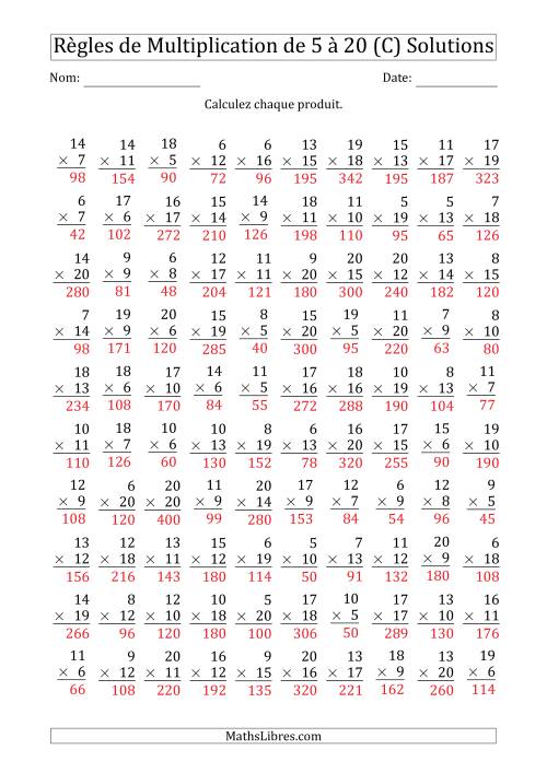 Règles de Multiplication de 5 à 20 (100 Questions) (C) page 2
