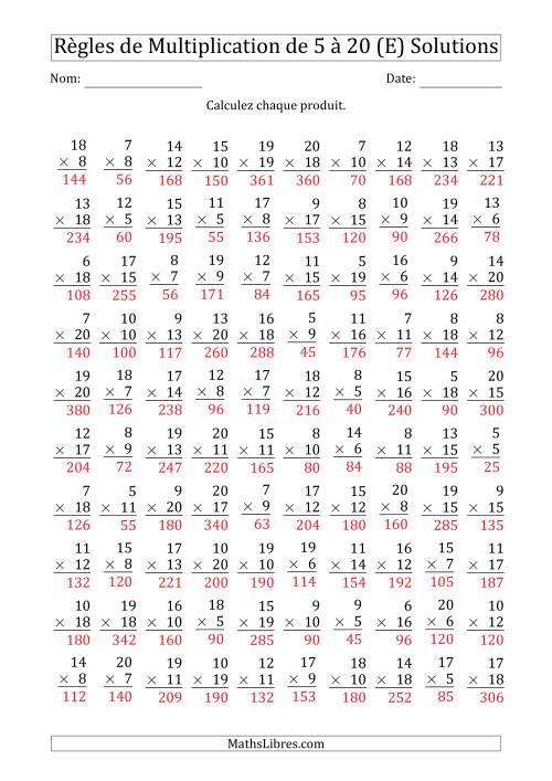 Règles de Multiplication de 5 à 20 (100 Questions) (E) page 2