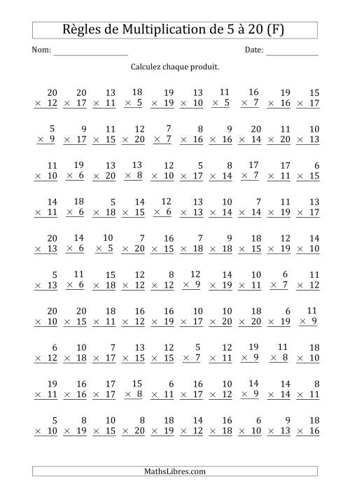 Règles de Multiplication de 5 à 20 (100 Questions) (F)
