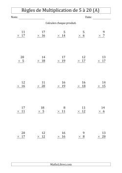 Règles de Multiplication de 5 à 20 (25 Questions)