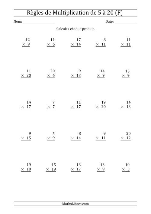 Règles de Multiplication de 5 à 20 (25 Questions) (F)