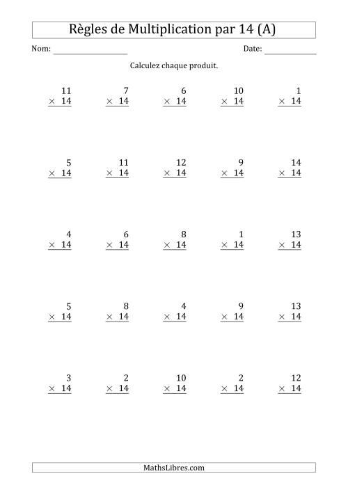 Règles de Multiplication par 14 (25 Questions) (A)