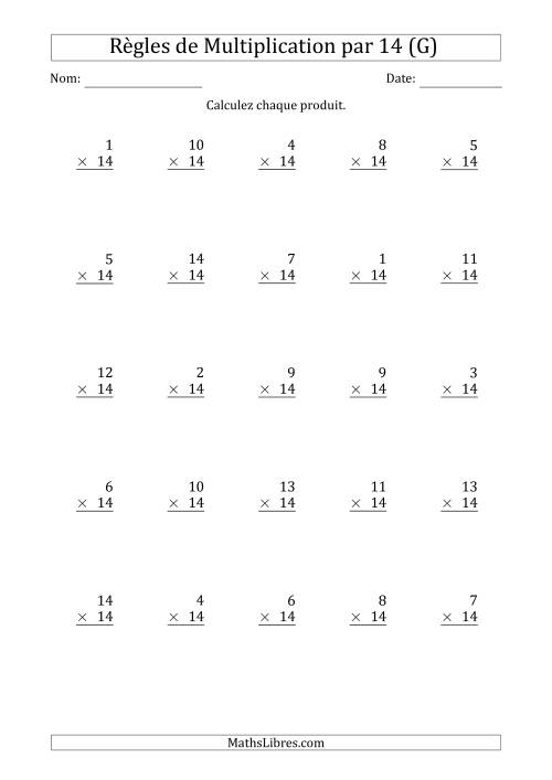 Règles de Multiplication par 14 (25 Questions) (G)