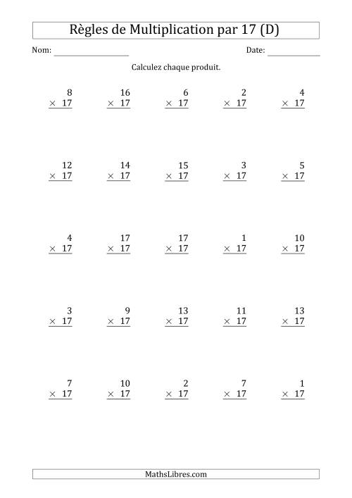 Règles de Multiplication par 17 (25 Questions) (D)