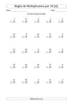Règles de Multiplication par 18 (25 Questions)