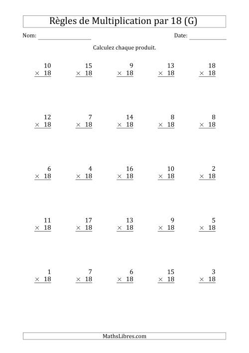 Règles de Multiplication par 18 (25 Questions) (G)