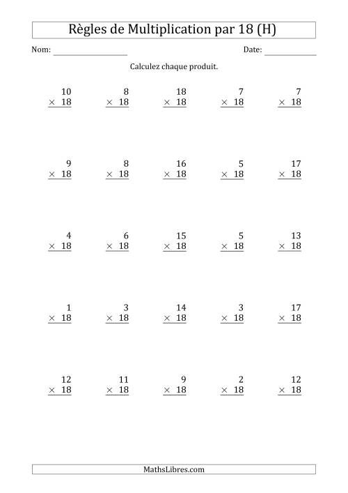 Règles de Multiplication par 18 (25 Questions) (H)