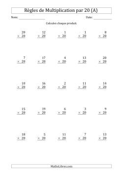Règles de Multiplication par 20 (25 Questions)