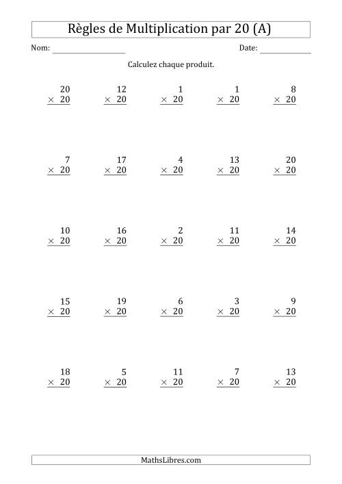 Règles de Multiplication par 20 (25 Questions) (A)