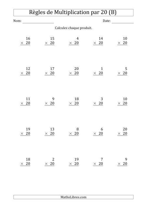 Règles de Multiplication par 20 (25 Questions) (B)