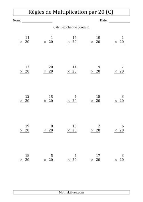 Règles de Multiplication par 20 (25 Questions) (C)
