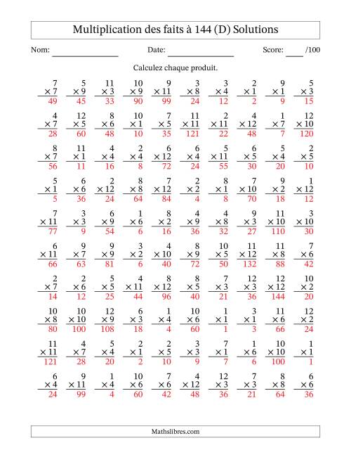 Multiplication des faits à 144 (100 Questions) (Pas de zéros) (D) page 2