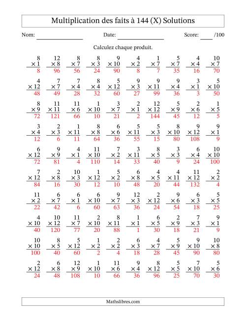 Multiplication des faits à 144 (100 Questions) (Pas de zéros) (X) page 2