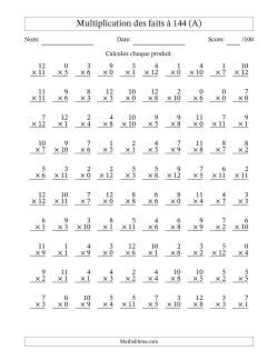 Multiplication des faits à 144 (100 Questions) (Avec zéros)