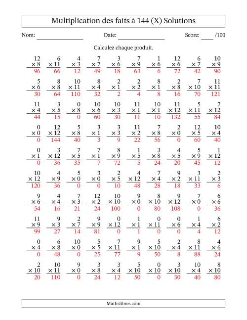 Multiplication des faits à 144 (100 Questions) (Avec zéros) (X) page 2