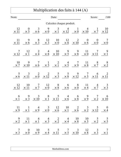 Multiplication Des Faits 144 100 Questions Avec Z ros Tout 