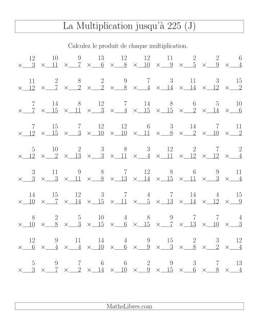 Règles de Multiplication Jusqu'à 225 (J)