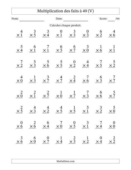 Multiplication des faits à 49 (64 Questions) (Avec Zeros) (V)