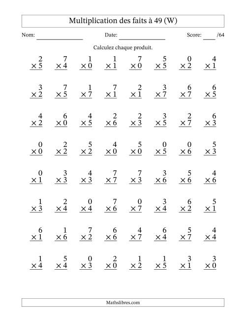 Multiplication des faits à 49 (64 Questions) (Avec Zeros) (W)