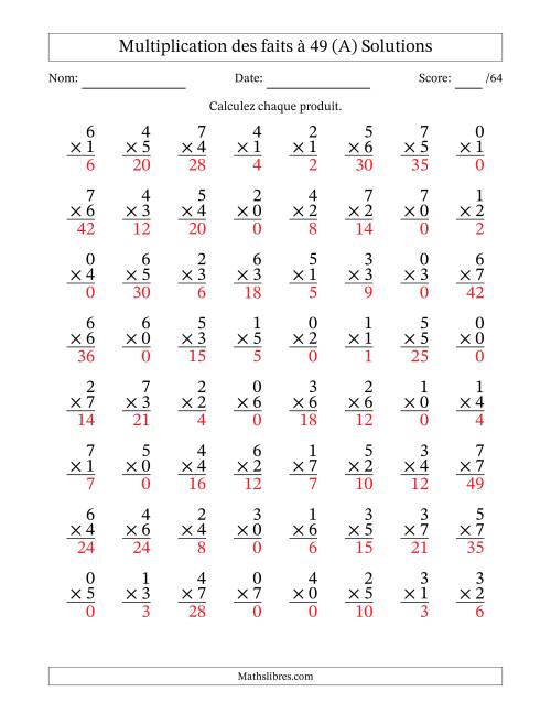 Multiplication des faits à 49 (64 Questions) (Avec Zeros) (Tout) page 2