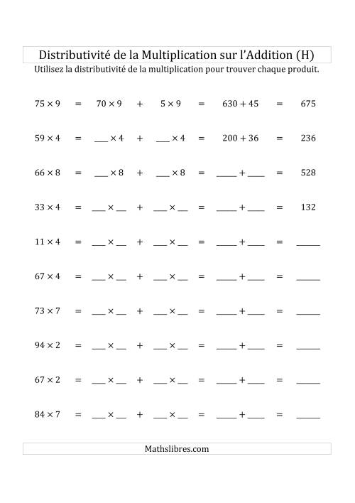 Multiplication de Nombres à 2 Chiffres par des Nombres à 1 Chiffre (H)