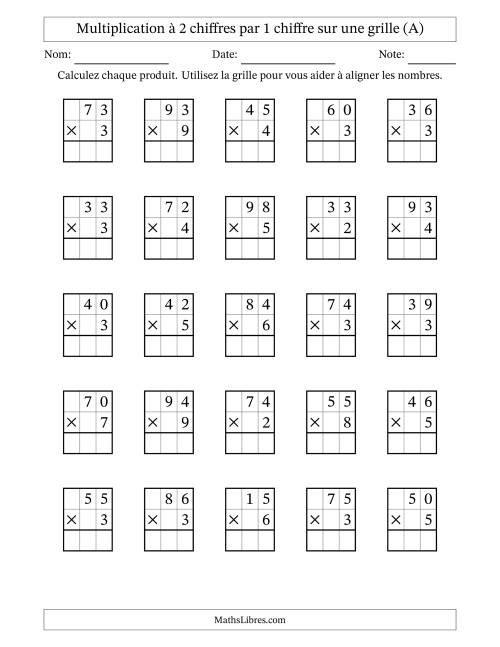 Multiplication à 2 chiffres par 1 chiffre avec le support d'une grille (A)