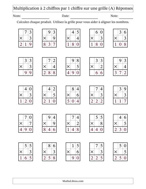 Multiplication à 2 chiffres par 1 chiffre avec le support d'une grille (A) page 2
