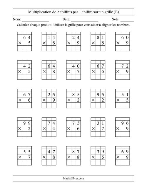 Multiplication de 2 chiffres par 1 chiffre avec l'aide d'une grille avec retenue (B)