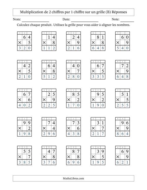 Multiplication de 2 chiffres par 1 chiffre avec l'aide d'une grille avec retenue (B) page 2