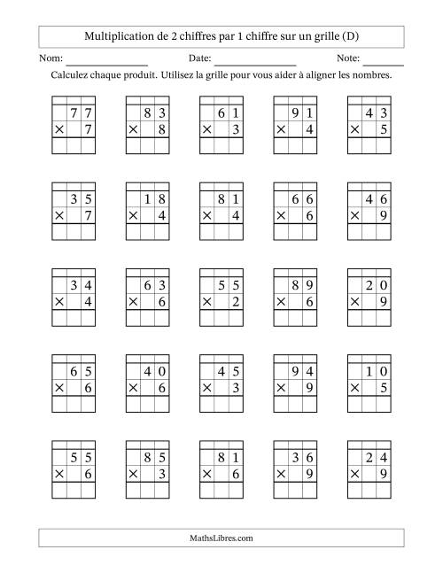 Multiplication de 2 chiffres par 1 chiffre avec l'aide d'une grille avec retenue (D)