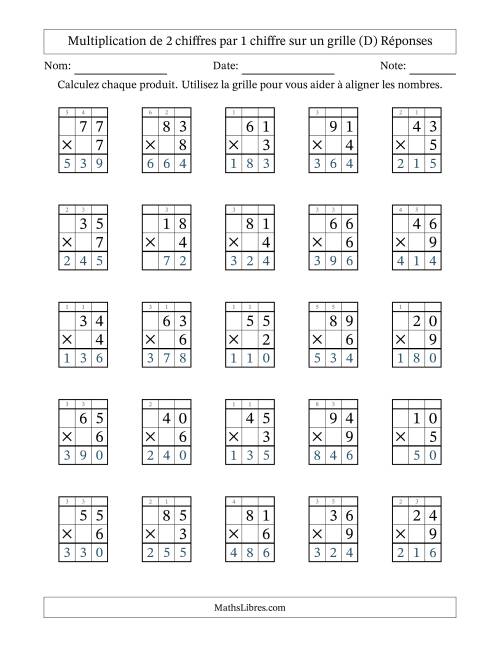 Multiplication de 2 chiffres par 1 chiffre avec l'aide d'une grille avec retenue (D) page 2