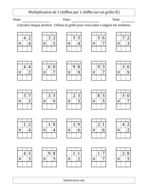 Multiplication de 2 chiffres par 1 chiffre avec l'aide d'une grille avec retenue (E)