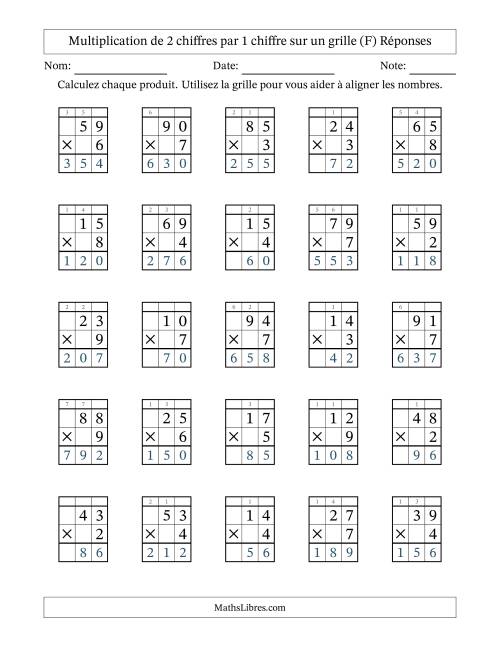 Multiplication de 2 chiffres par 1 chiffre avec l'aide d'une grille avec retenue (F) page 2