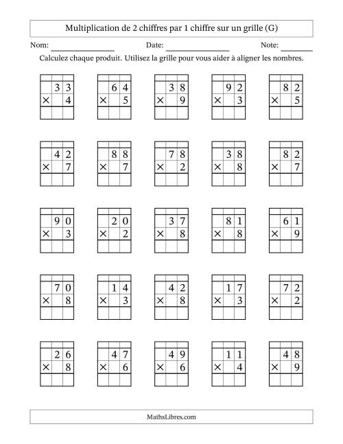 Multiplication de 2 chiffres par 1 chiffre avec l'aide d'une grille avec retenue (G)