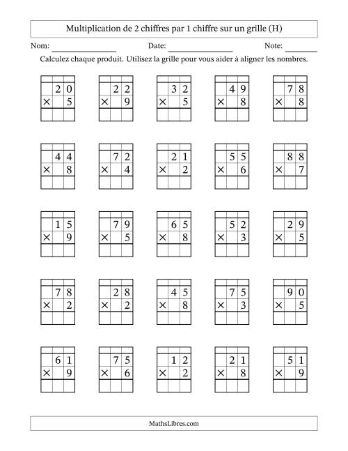 Multiplication de 2 chiffres par 1 chiffre avec l'aide d'une grille avec retenue (H)