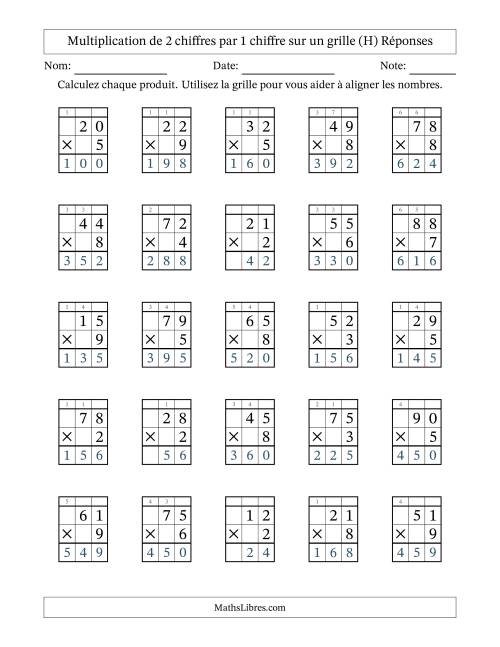 Multiplication de 2 chiffres par 1 chiffre avec l'aide d'une grille avec retenue (H) page 2